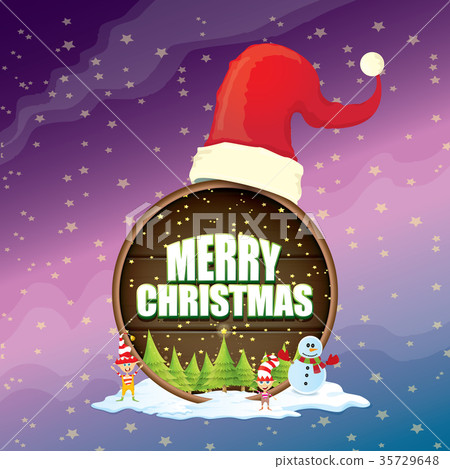 vector Christmas label with red santa hat, tree 35729648