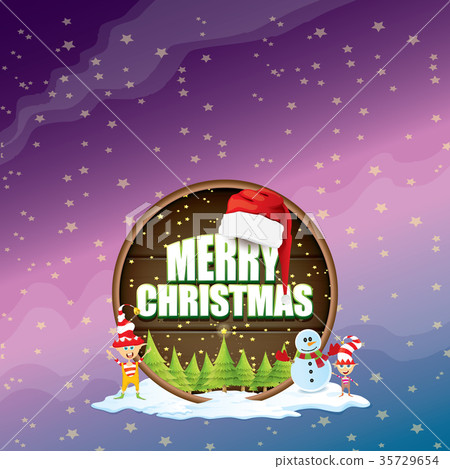 vector Christmas label with red santa hat, tree 35729654