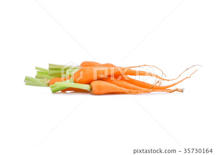 pile of baby carrots with root isolated on white  35730164