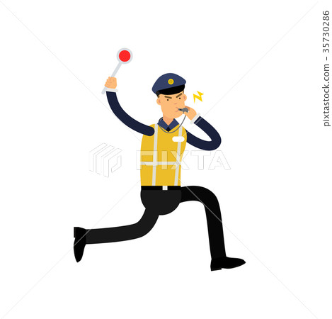 Traffic control officer running, whistling and 35730286