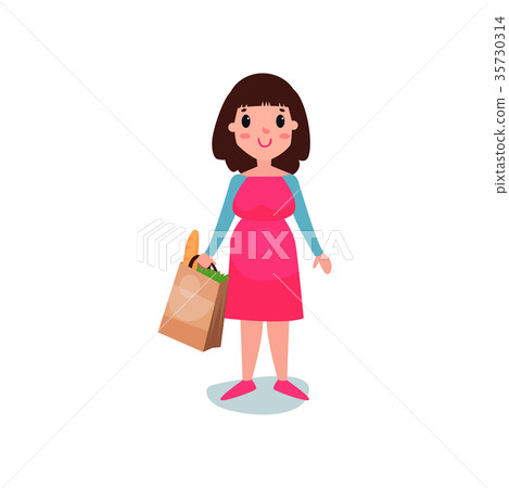 Pregnant woman character standing with paper bag Pregnant woman character standing with paper bag 35730314