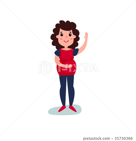 Pregnant woman character standing and waving her 35730366