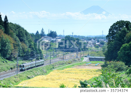 中央線普通列車貫穿金色的金色鄉村,背景是富士山 中央線普通列車貫穿金色的金色鄉村,背景是富士山 35734374