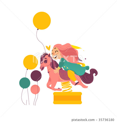 Happy girl sitting on horse shape spring rider 35736180