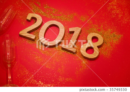 New Year 2018 Decoration on red background. New Year 2018 Decoration on red background. 35749330
