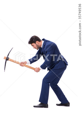 Young businessman with axe isolated on white 35749536