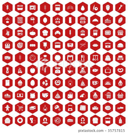100 bakery icons hexagon red 35757815