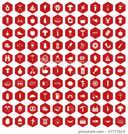 100 barbecue icons hexagon red 35757824
