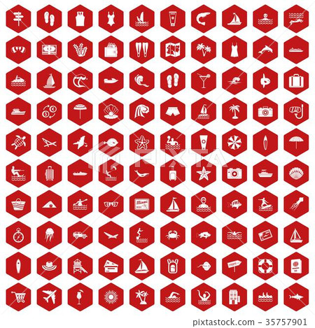 100 beach icons hexagon red 35757901