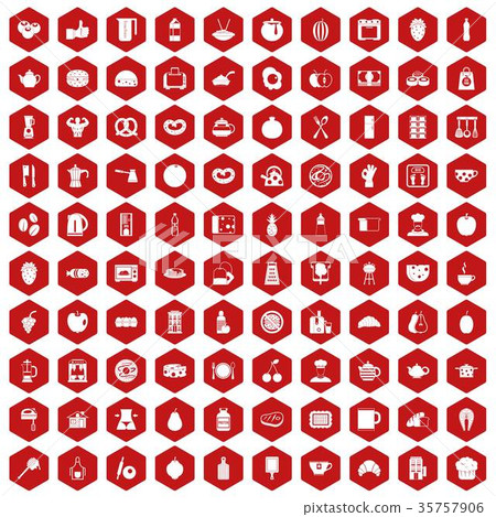 100 breakfast icons hexagon red 35757906