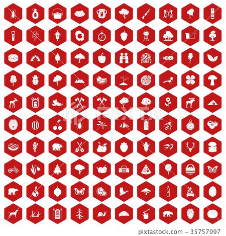 100 camping and nature icons hexagon red 35757997
