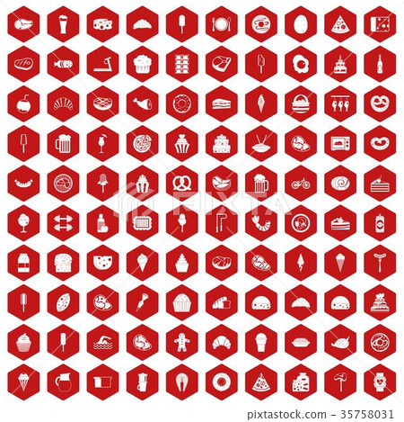 100 calories icons hexagon red 35758031