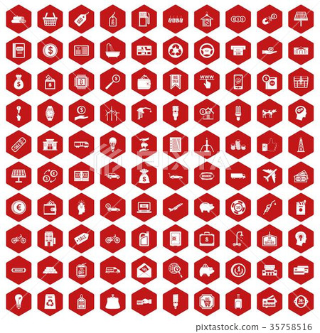 100 economy icons hexagon red 100 economy icons hexagon red 35758516