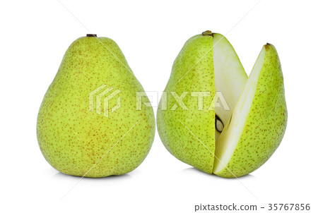 whole of green packham pear with slices isolated whole of green packham pear with slices isolated 35767856