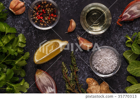Background with spices, herbs and olive oil. 35770313