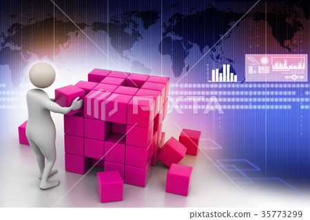 3d people - man, person pushing a cube 35773299