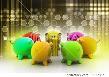 group of piggybanks around with gold coins group of piggybanks around with gold coins 35774140