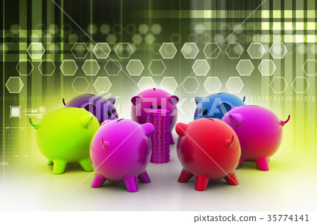 group of piggybanks around with gold coins group of piggybanks around with gold coins 35774141