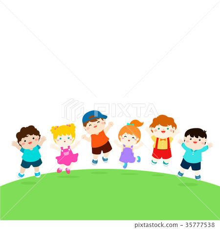 Happy school multiracial children joyfully jumping - Stock Illustration ...