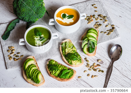 Vegetarian healthy food. Soup and vegan sandwiches Vegetarian healthy food. Soup and vegan sandwiches 35790664