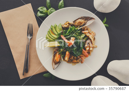 Warm salad with grilled seafood flat lay Warm salad with grilled seafood flat lay 35790687