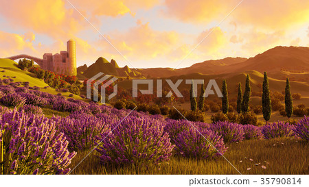 Lavender fields landscape 3d rendering Lavender fields landscape 3d rendering 35790814