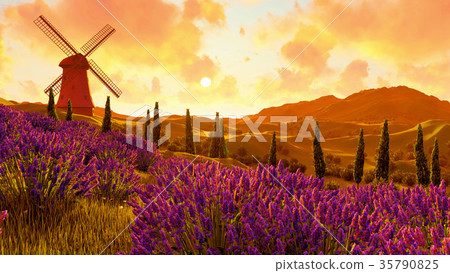 Lavender fields landscape 3d rendering Lavender fields landscape 3d rendering 35790825