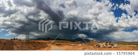 Ominous Stormy Sky and Cumulus Clouds with Rain Pano in the Dese Ominous Stormy Sky and Cumulus Clouds with Rain Pano in the Dese 35795904