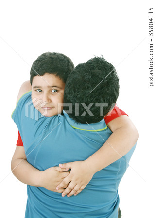 Portrait of a young boy hugging his father Portrait of a young boy hugging his father 35804115