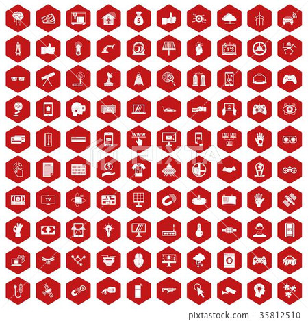 100 hi-tech icons hexagon red 35812510