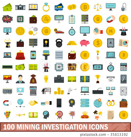 100 mining investigation icons set, flat style 35813192