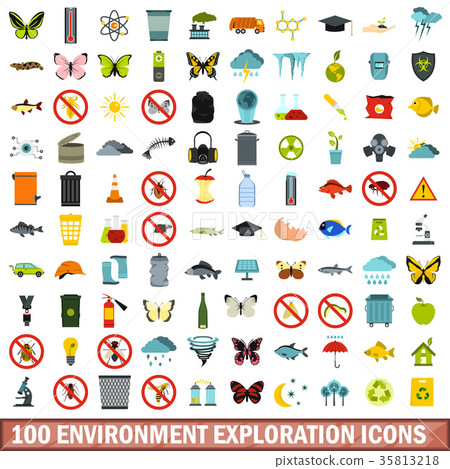 100 environment exploration icons set, flat style 100 environment exploration icons set, flat style 35813218