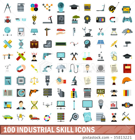 100 industrial skill icons set, flat style 100 industrial skill icons set, flat style 35813221