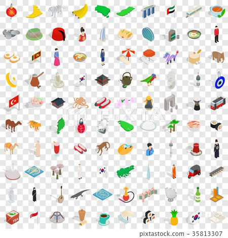 100 asia icons set, isometric 3d style 35813307