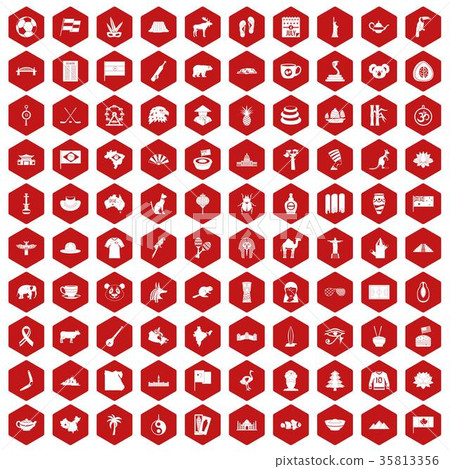 100 landmarks icons hexagon red 35813356