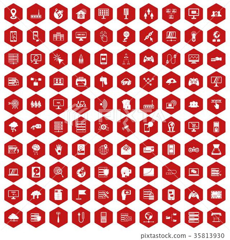 100 network icons hexagon red 35813930