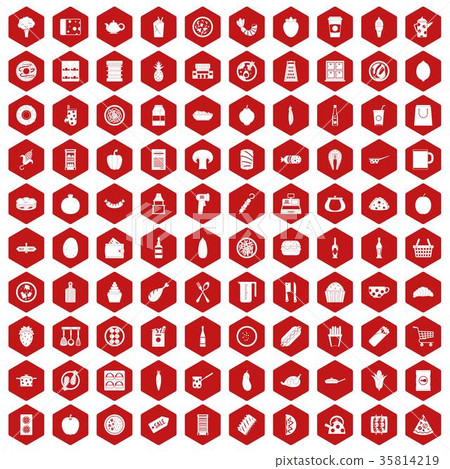 100 lunch icons hexagon red 35814219