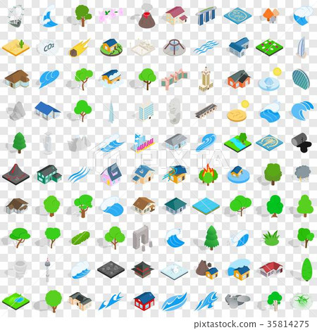 100 landscape icons set, isometric 3d style - Stock Illustration ...