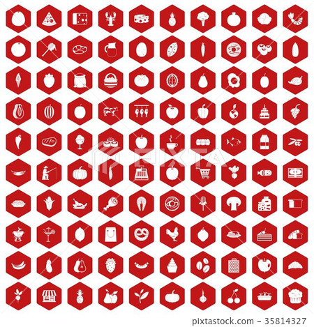 100 natural products icons hexagon red 35814327