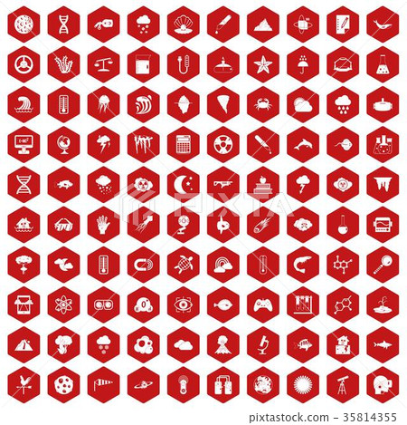 100 research icons hexagon red 35814355