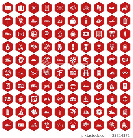 100 travel icons hexagon red 35814371