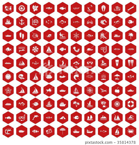 100 sea icons hexagon red 100 sea icons hexagon red 35814378