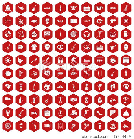 100 street festival icons hexagon red 35814469