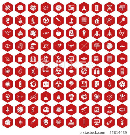 100 space technology icons hexagon red 35814489
