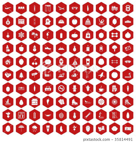 100 wellness icons hexagon red 35814491
