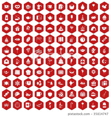 100 tea party icons hexagon red 35814747