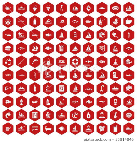 100 water icons hexagon red 35814846