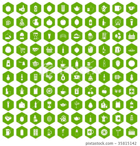 100 beverage icons hexagon green 35815142