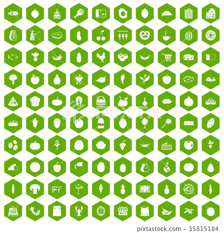 100 natural products icons hexagon green 35815184