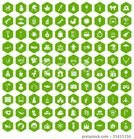 100 happy childhood icons hexagon green 35815350